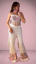 White Georgette Pant Set With Floral Cord Embroidery — view 4