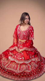 Red Raw Silk Kali Lehenga With Cutdana and Pearls — view 4