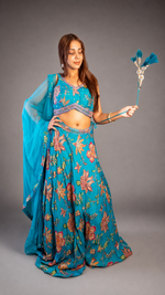 Teal Blue Printed Organza Flared Kali Lehenga Set — view 4