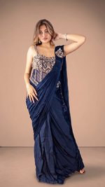 Navy Blue Satin Pre-Draped Saree With Zari Corset — view 4