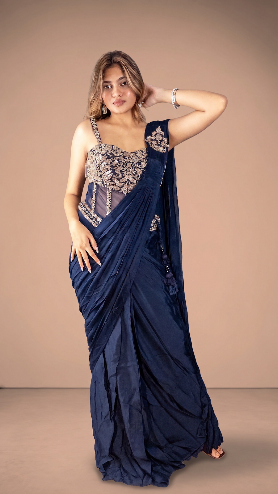 Navy Blue Satin Pre-Draped Saree With Zari Corset — blouse detail