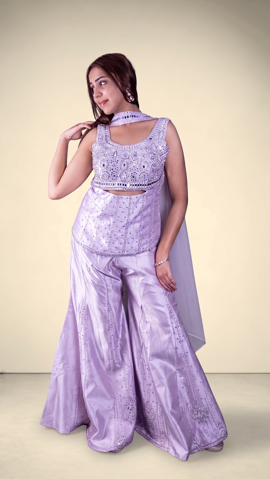 Lilac Raw Silk Mirror Zardozi Palazzo Suit Set — blouse detail