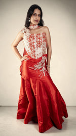 Red Raw Silk Flared Lehenga With One-Shoulder Blouse — view 2