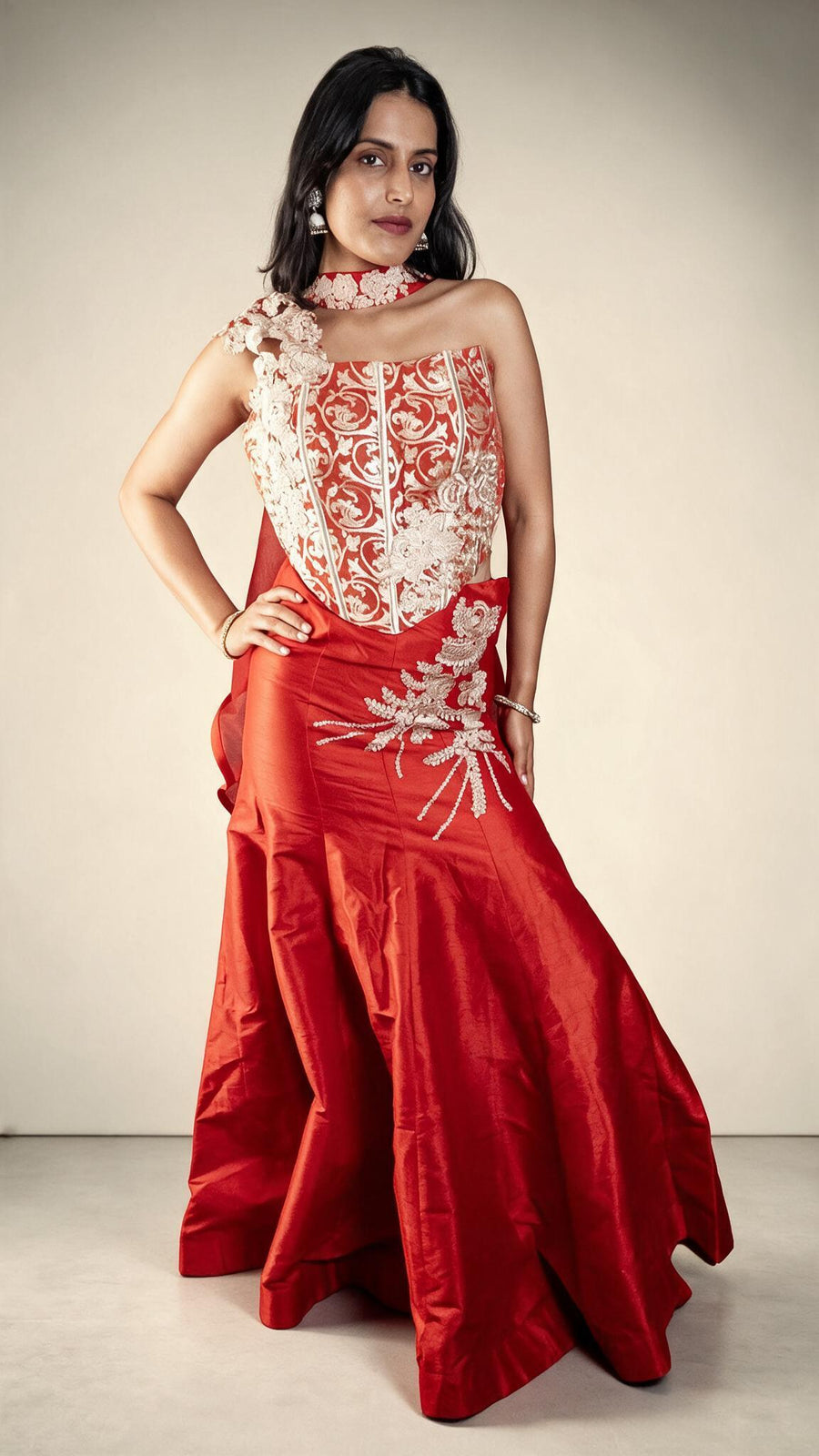 Red Raw Silk Flared Lehenga With One-Shoulder Blouse — back view