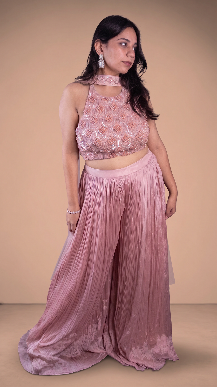 Peach Crepe Skirt Set With Beaded Halter Blouse — blouse detail
