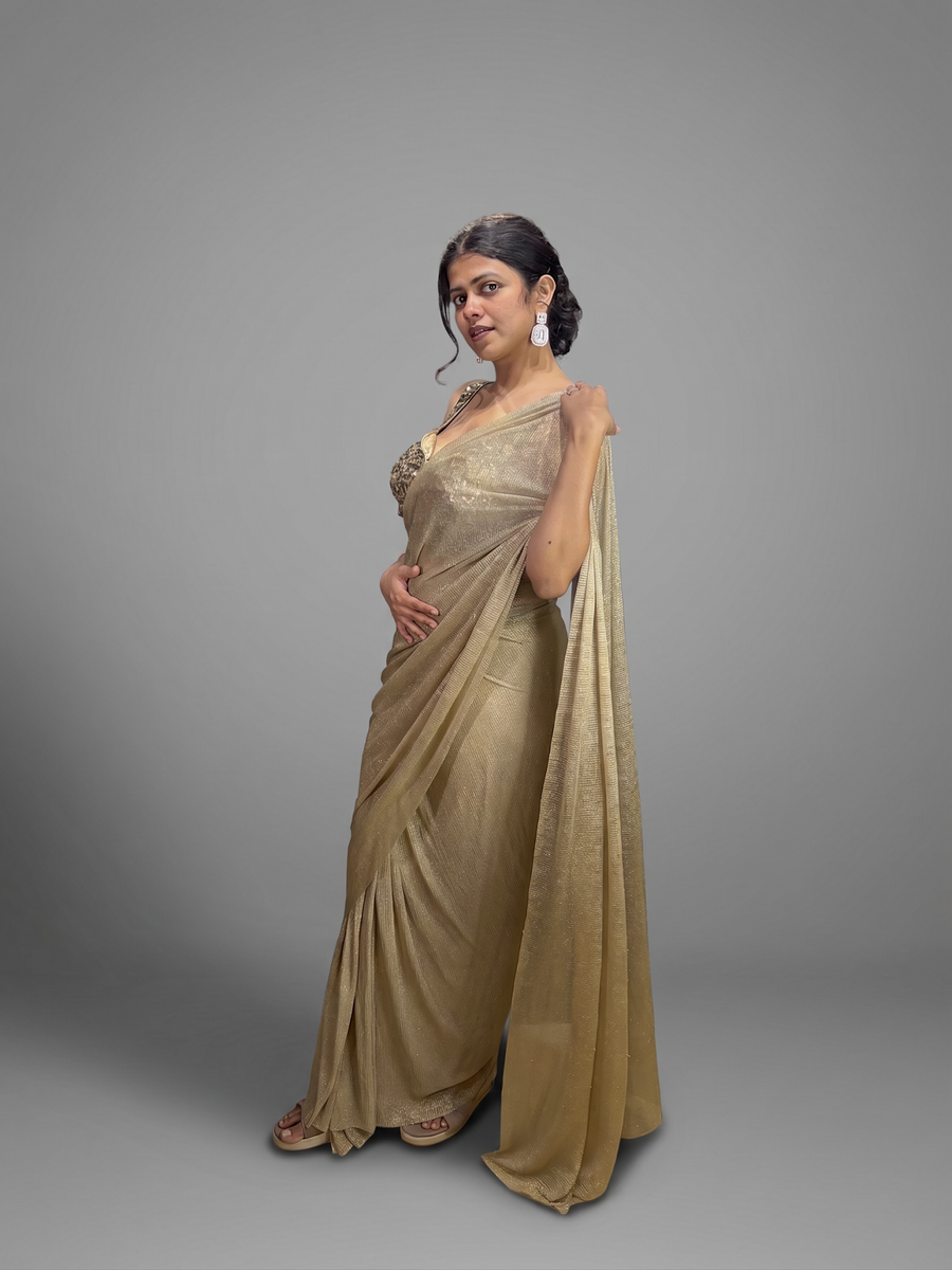 Gold Shimmer Tissue Pre-Draped Saree With Sequin Blouse — blouse detail