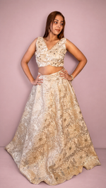 Gold Organza Tissue Flared Lehenga With Bead Work — view 4