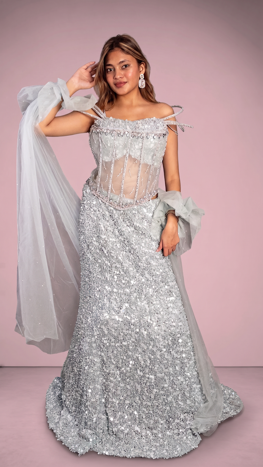 Pearl Blue Sequin Mermaid Lehenga With Corset Bodice — blouse detail