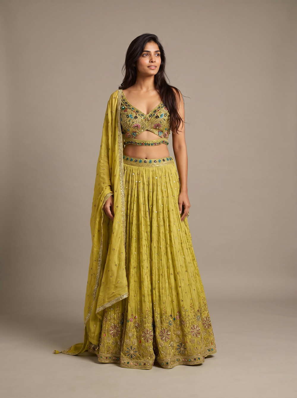 Nimbu Lemon Mirror-Work Tissue Lehenga Set