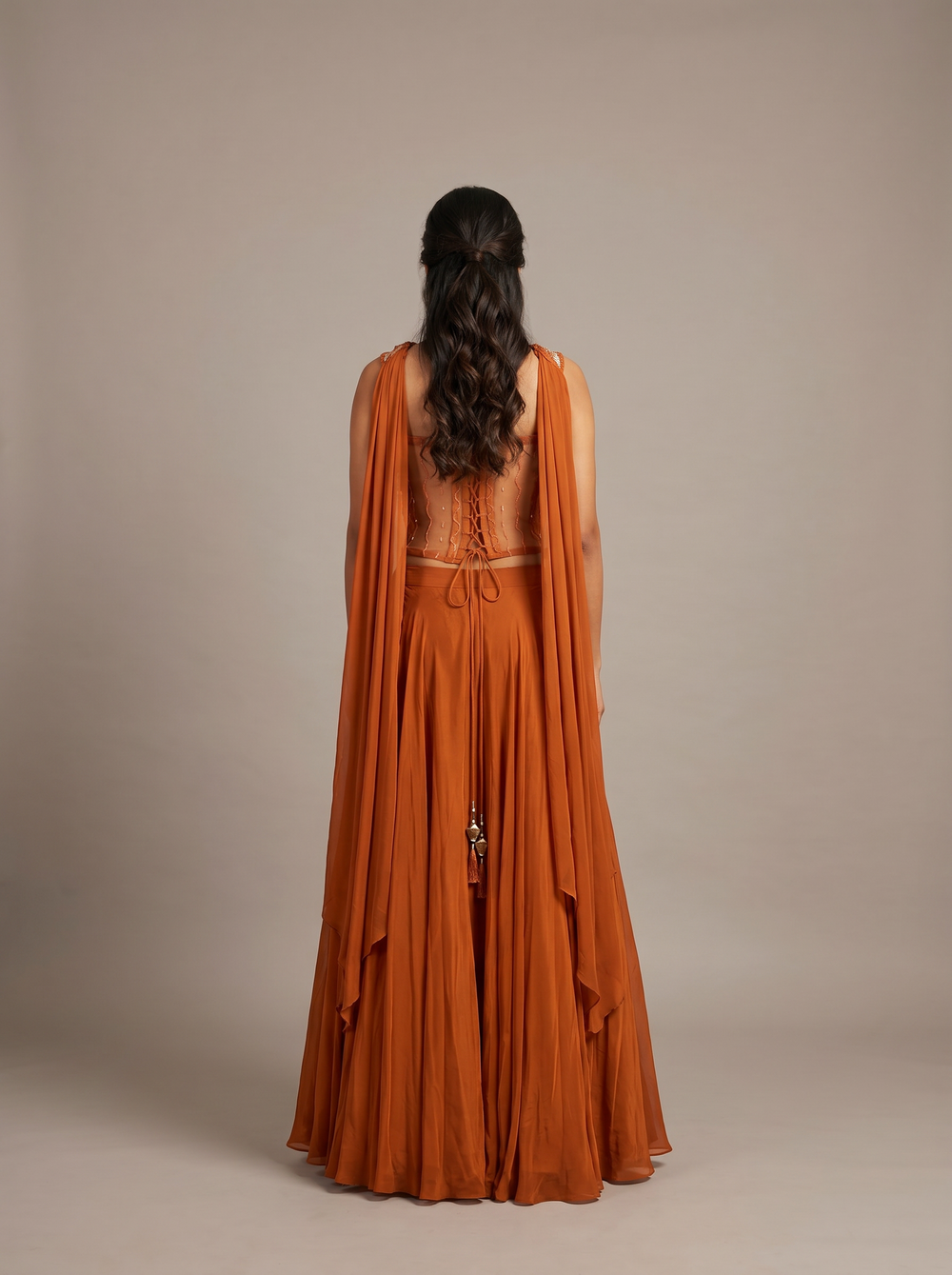 Ember Burnt Orange Beaded Bustier Lehenga
