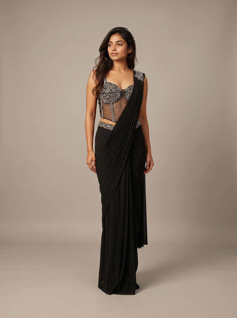 Noir Drape Beadwork Bustier Saree Gown