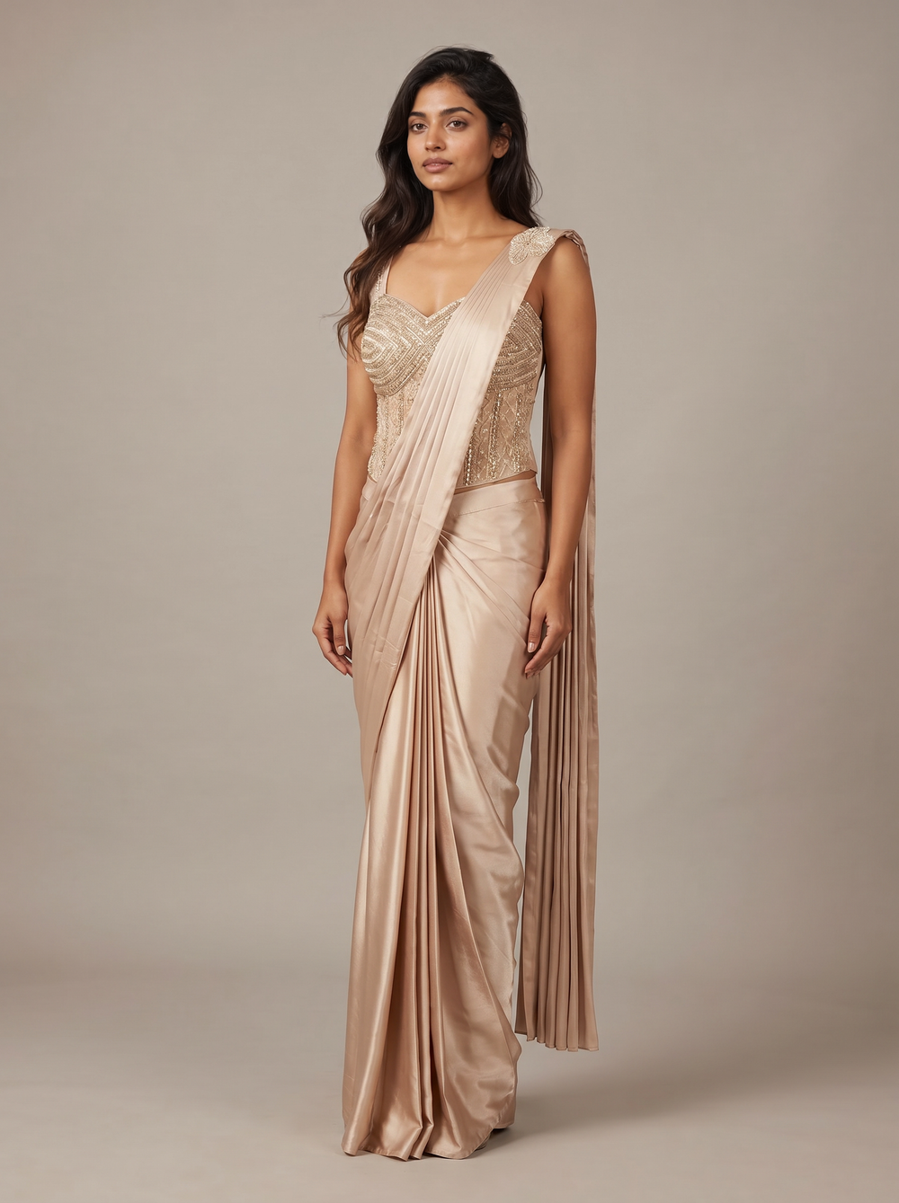 Champagne Gold Beaded Bustier Pre-Draped Saree