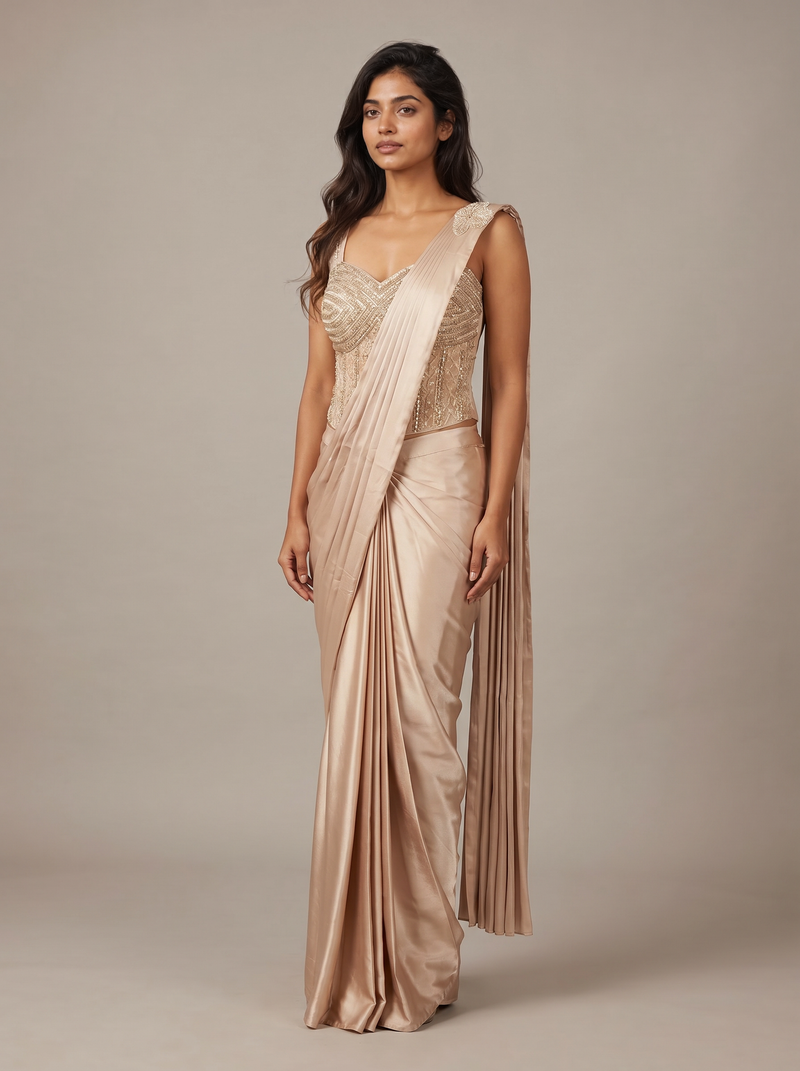 Champagne Gold Beaded Bustier Pre-Draped Saree