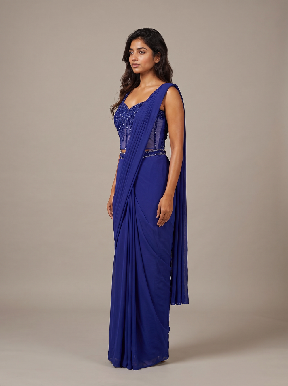 Neelambari Ink Blue Beaded Pre-Draped Saree