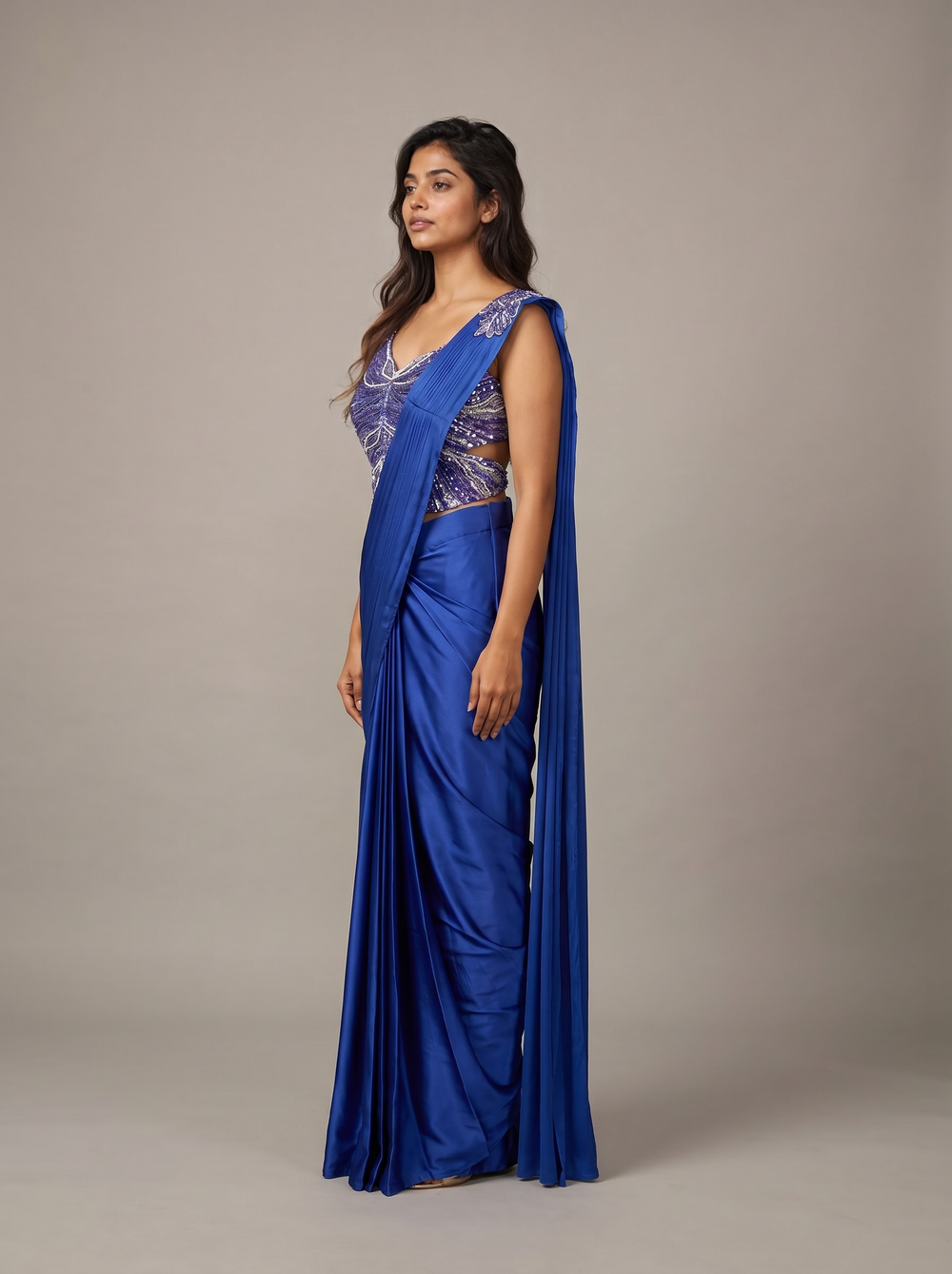 Indigo Royal Pearl Sequin Pre-Draped Saree