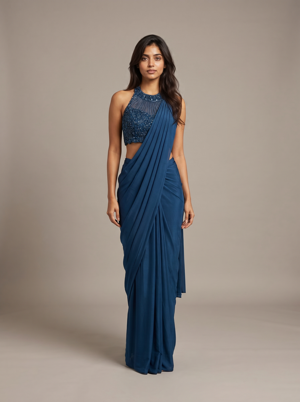 Crystal Teal Beadwork Pre-Draped Saree
