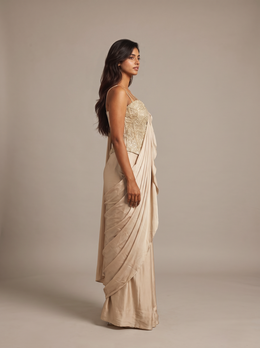 Ivoire Pearl Bustier Pre-Draped Satin Saree