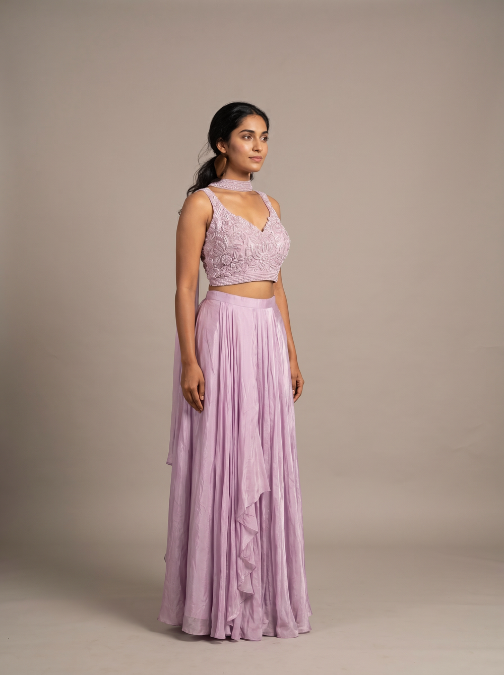 Mauve Pearl Beadwork Dhoti Drape Set