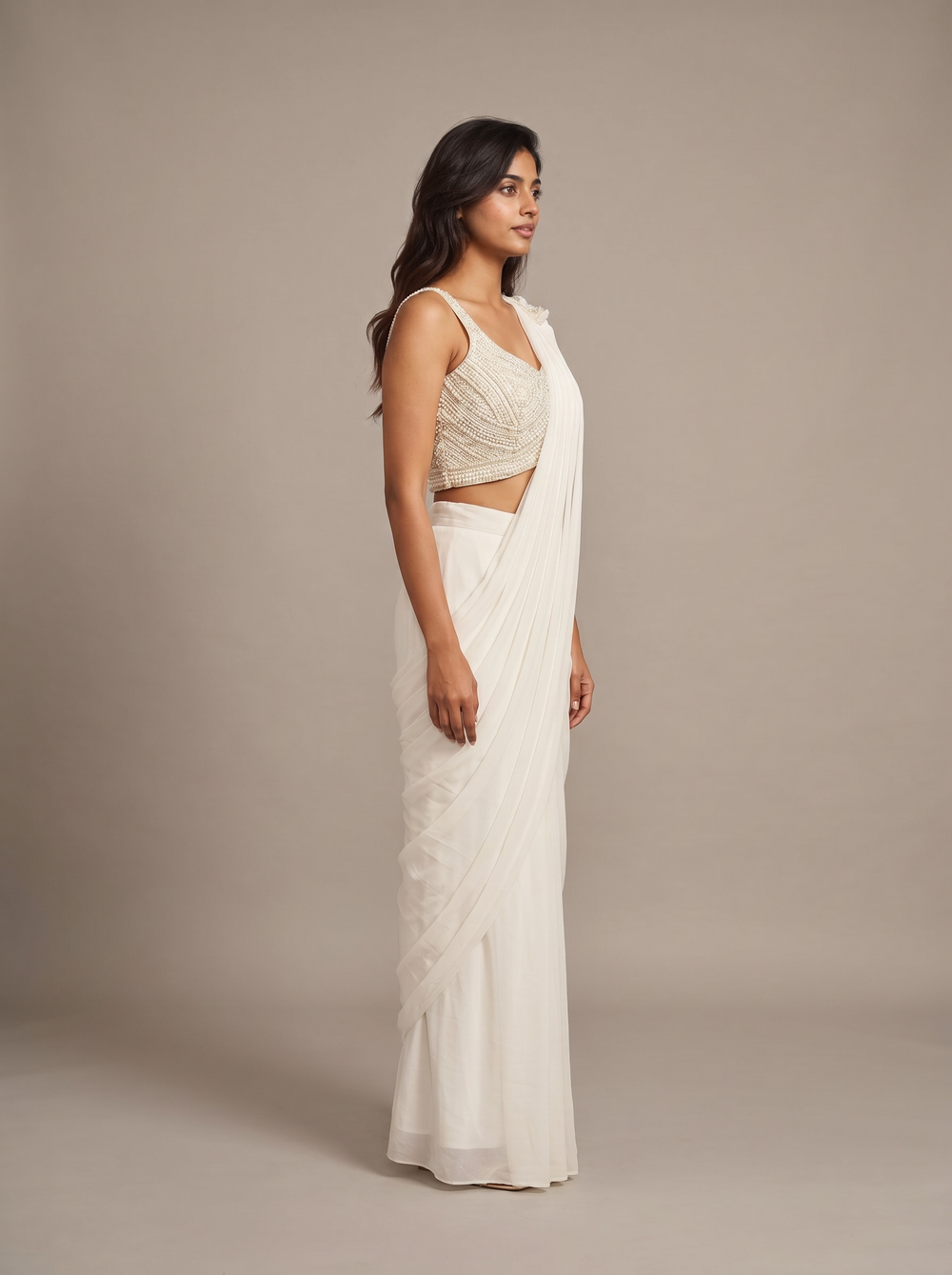 Moonlit Ivory Pearl Pre-Draped Saree