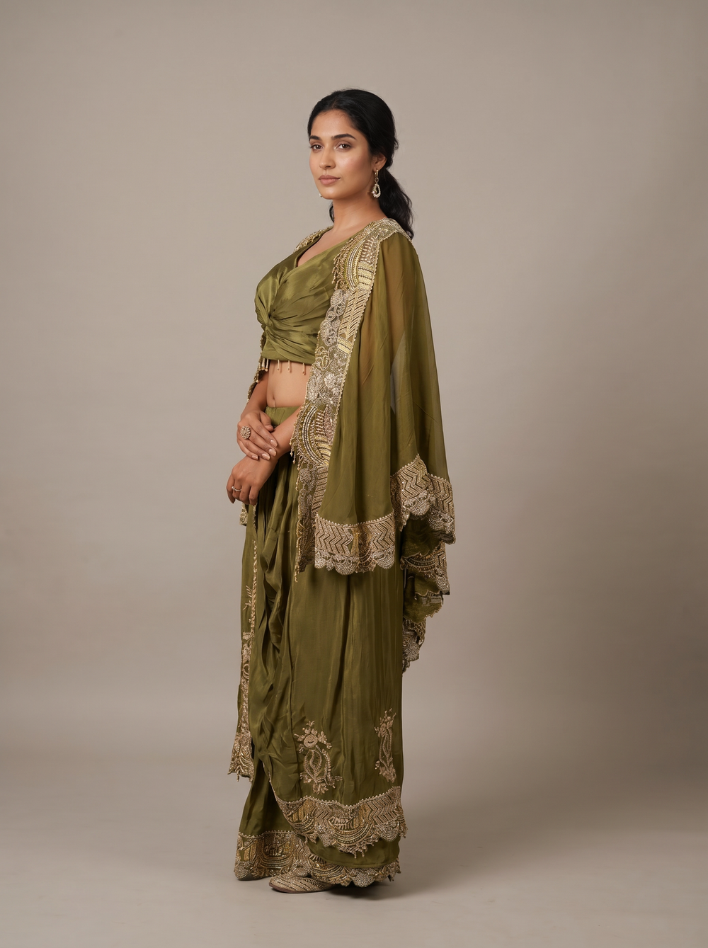 Olive Resham Embroidered Cape Skirt Set