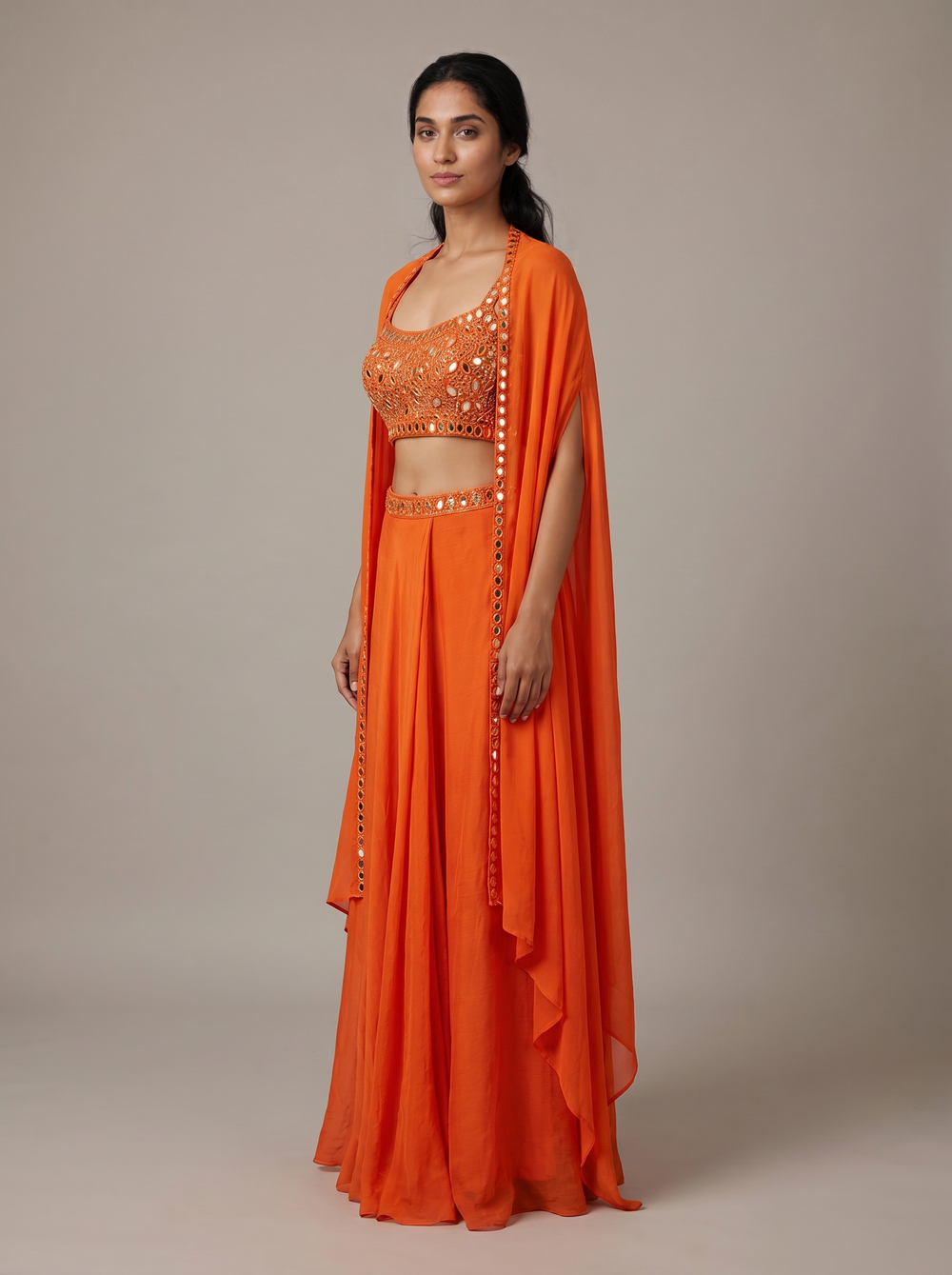 Marigold Orange Mirror-Work Cape Set