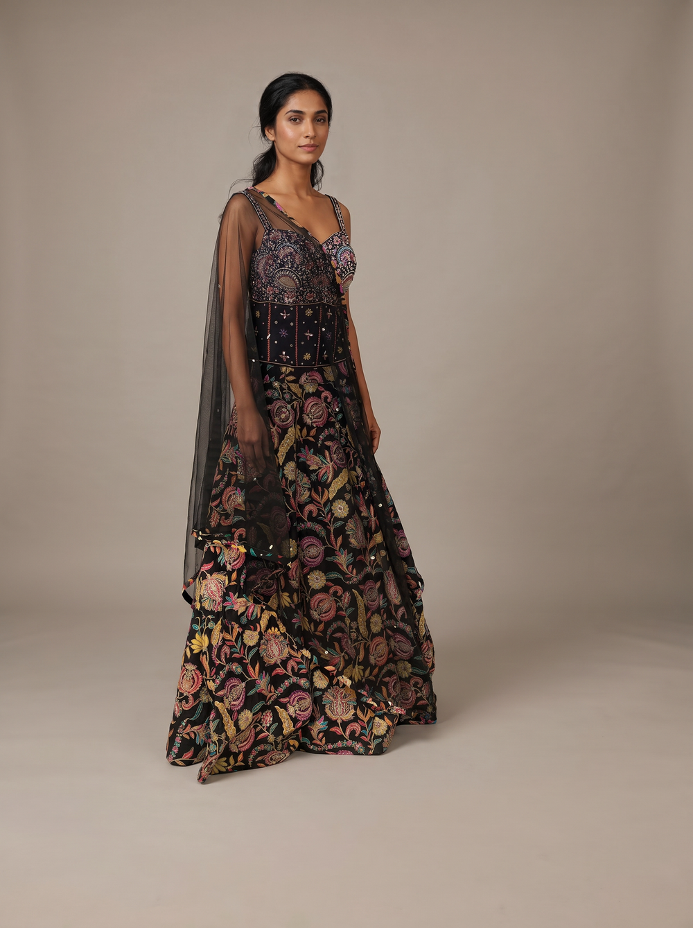 Raat Rani Black Floral Bead-Work Lehenga