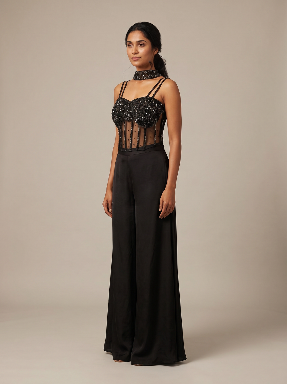 Noir Beadwork Corset Dhoti Drape Set