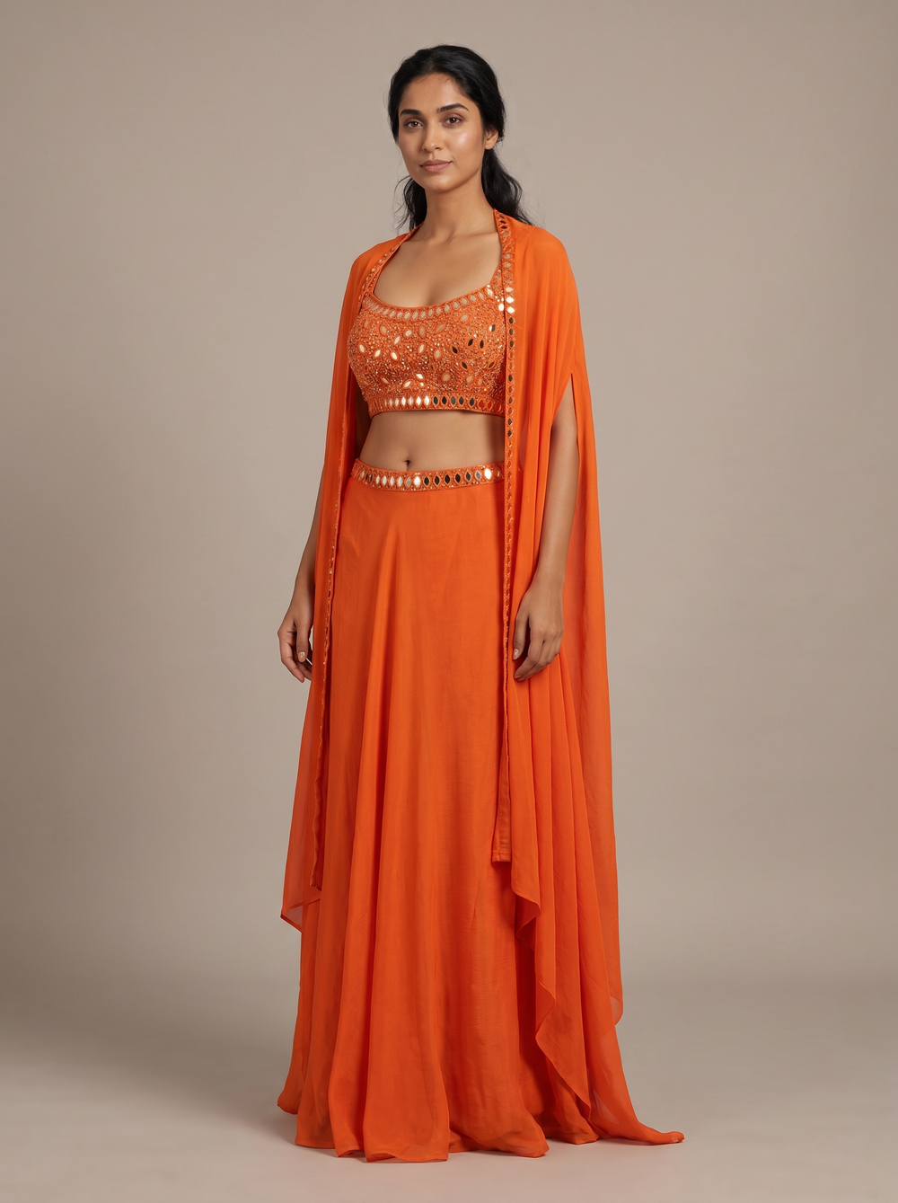 Marigold Orange Mirror-Work Cape Skirt Set