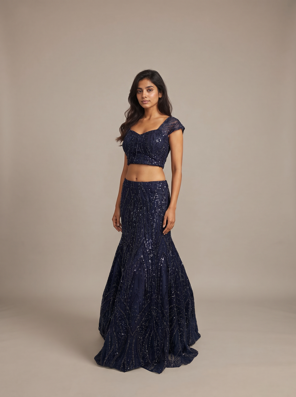 Midnight Navy Beaded Net Mermaid Lehenga
