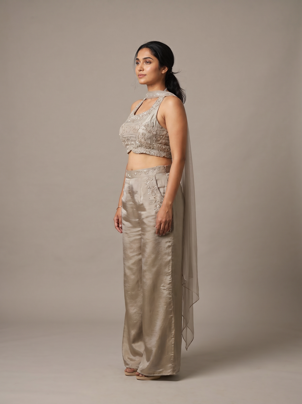 Mercury Grey Shimmer Tissue Palazzo Set