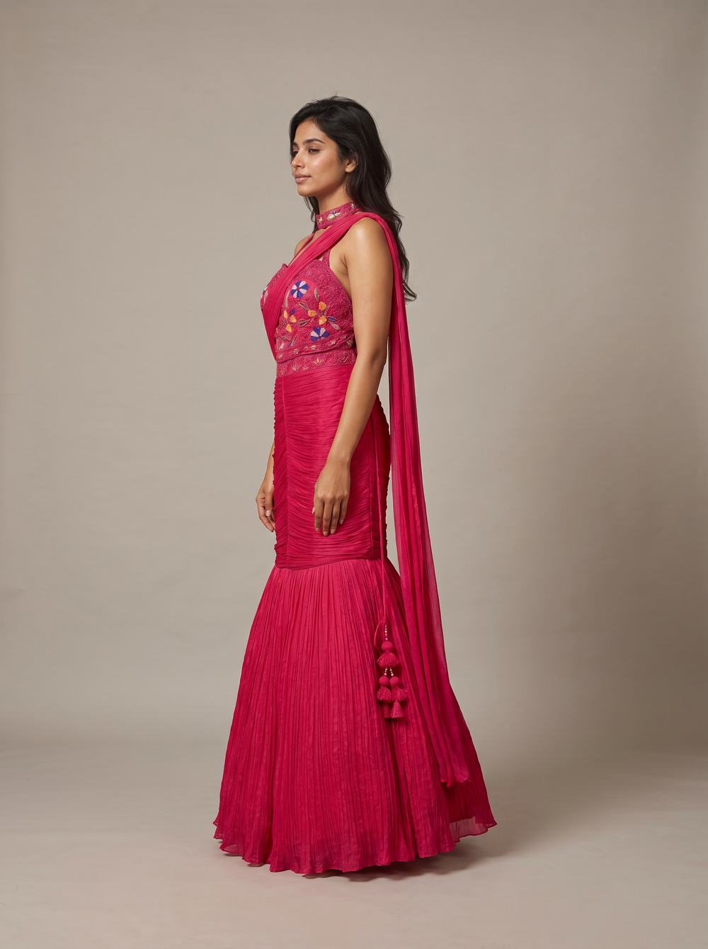 Gulaab Hot Pink Beaded Mermaid Saree-Lehenga