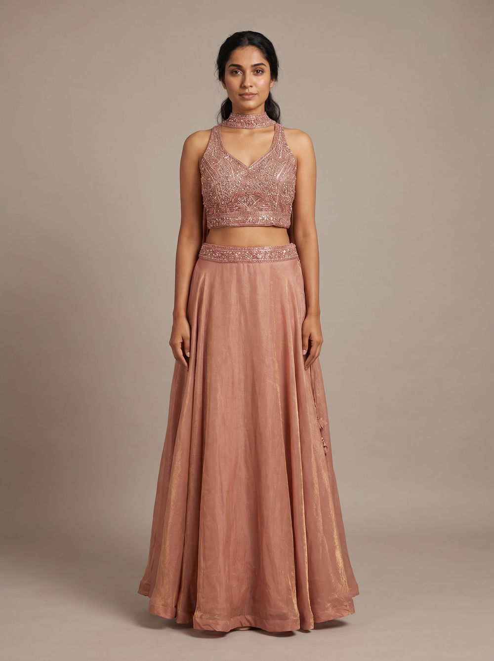 Coral Shimmer Tissue Beadwork Lehenga Set
