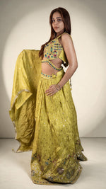 Neon Yellow Shimmer Tissue Flared Kali Lehenga Set — view 3