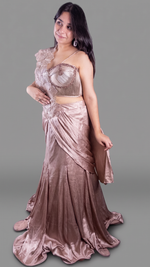 Rose Gold Shimmer Crepe Pre-Draped Mermaid Saree Gown — view 3