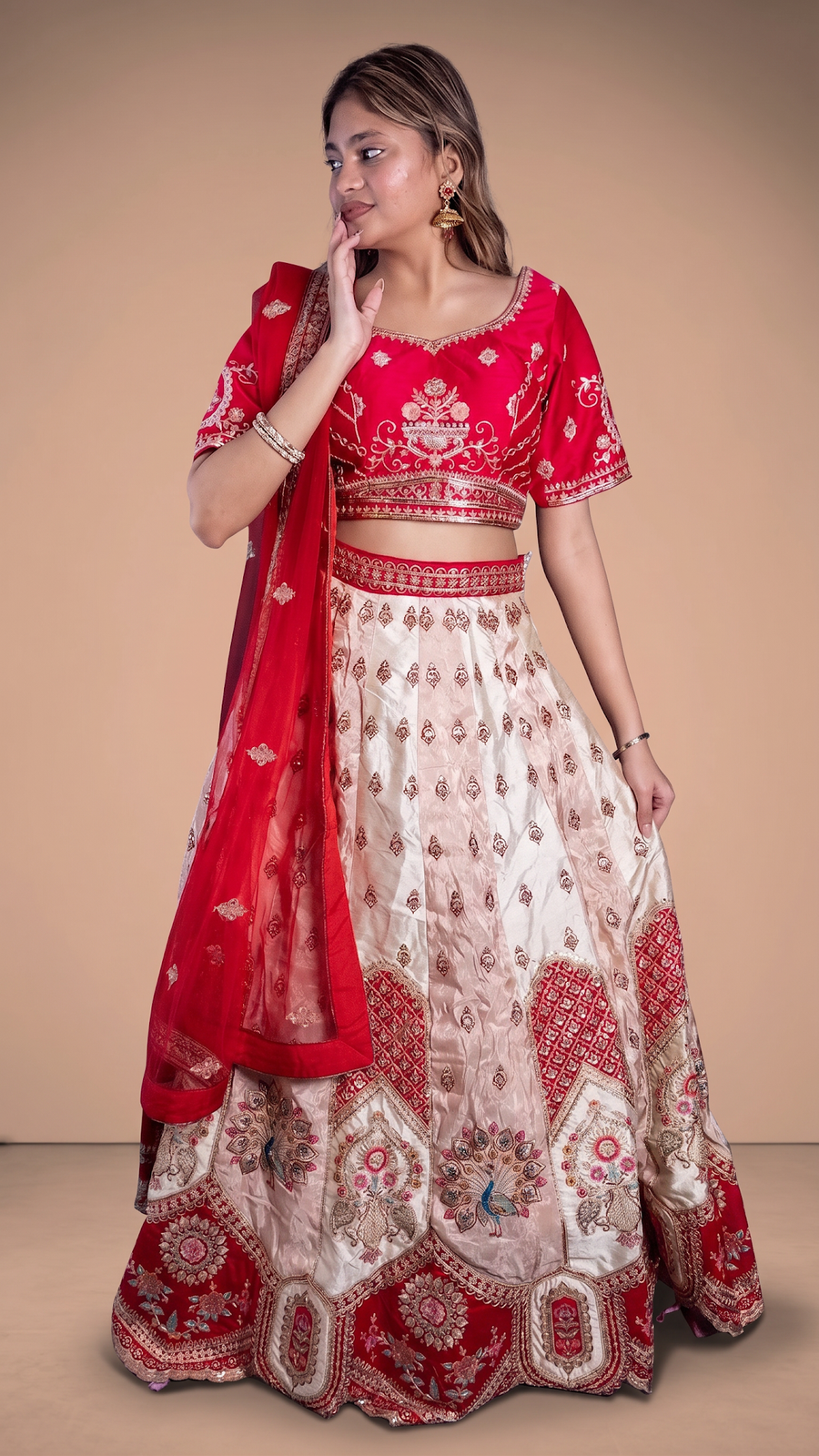 Ivory Shimmer Silk Kali Lehenga With Red Zari Blouse — fabric detail