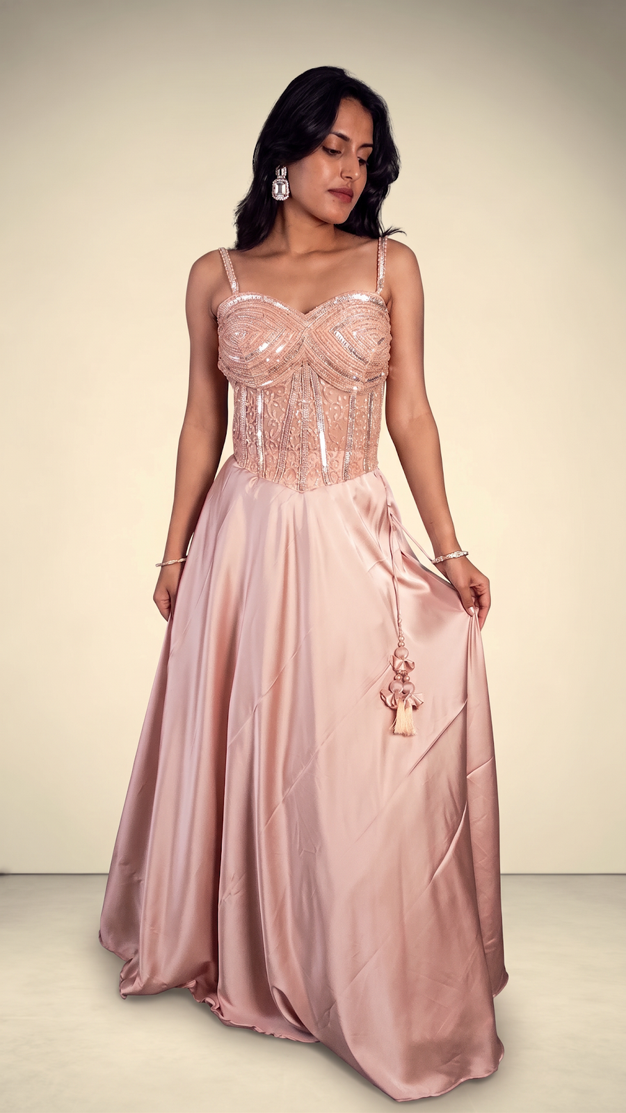 Light Pink Satin Corset Lehenga With Cutdana Bodice — fabric detail