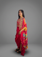 Hot Pink Georgette Draped Skirt Set With Zardozi Jacket — view 3