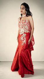 Red Raw Silk Flared Lehenga With One-Shoulder Blouse — view 4