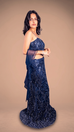 Navy Sequin Corset Lehenga With Organza Drape — view 3