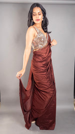Rust Maroon Vichitra Silk Pre-Draped Saree, Mirror Blouse — view 3