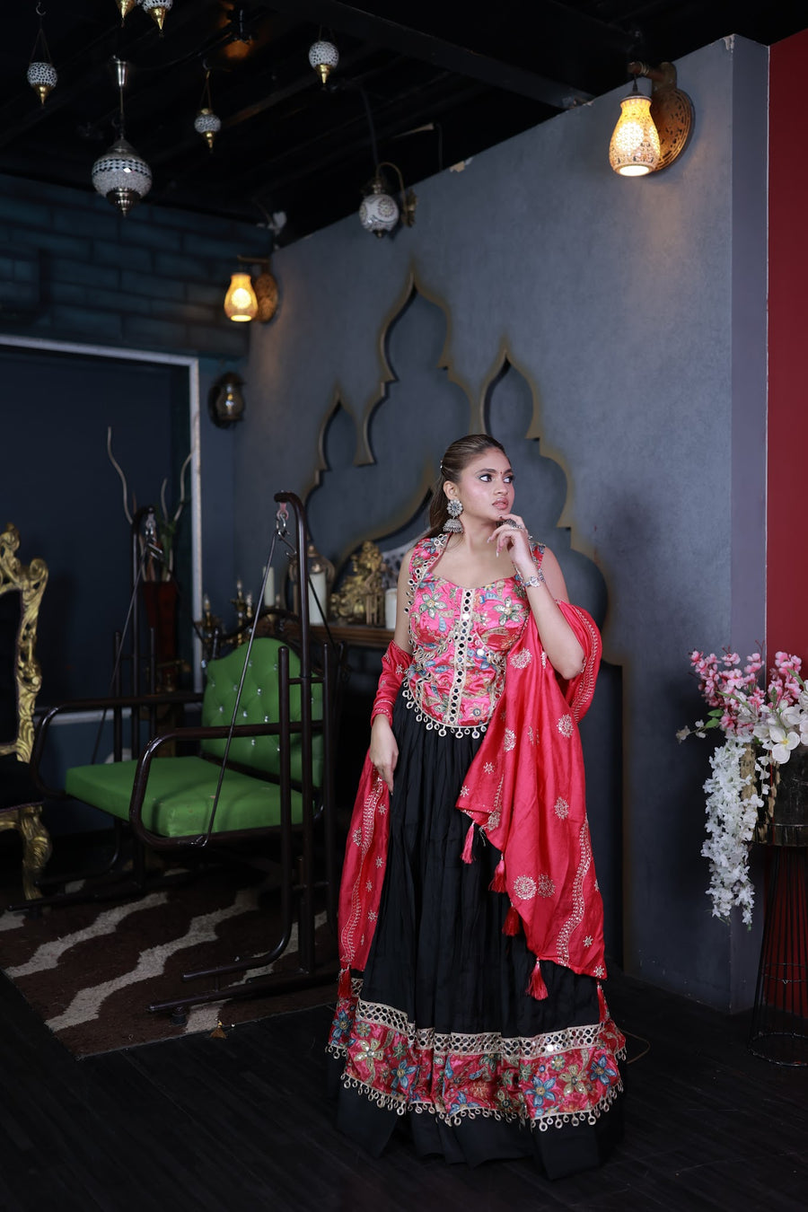 Black Cotton Kali Lehenga With Pink Mirror-Work Blouse — fabric detail