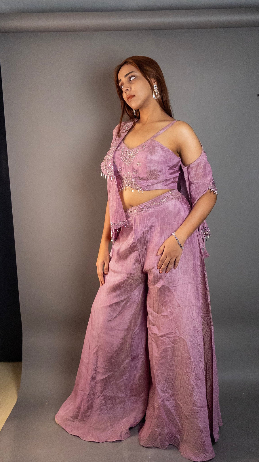 Lilac Pink Crush Tissue Palazzo Suit Set — fabric detail