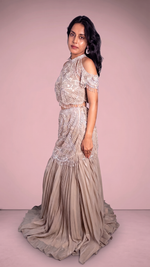 Champagne Georgette Cold-Shoulder Mermaid Skirt Set — view 3