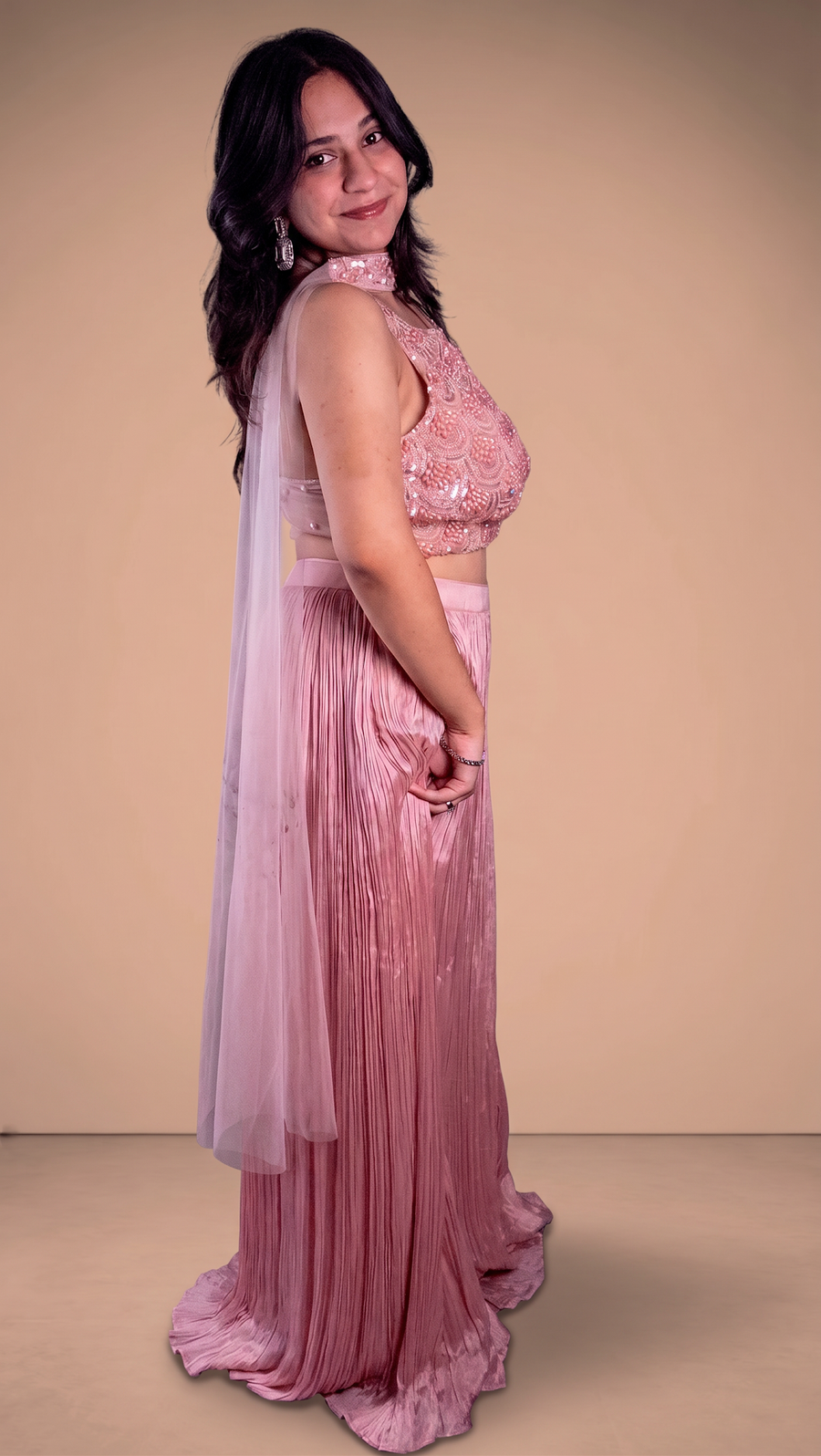 Peach Crepe Skirt Set With Beaded Halter Blouse — fabric detail