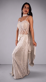 White Net Pearl-Beaded Corset and Draped Dhoti Set — view 3