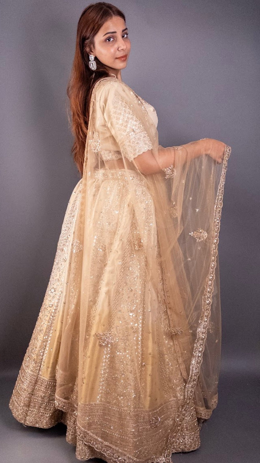 Golden Net Lehenga With Stone and Cutdana Work — fabric detail