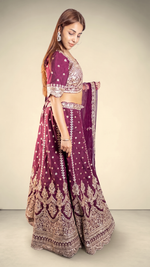 Wine Raw Silk Flared Lehenga With Cutdana Work — view 2