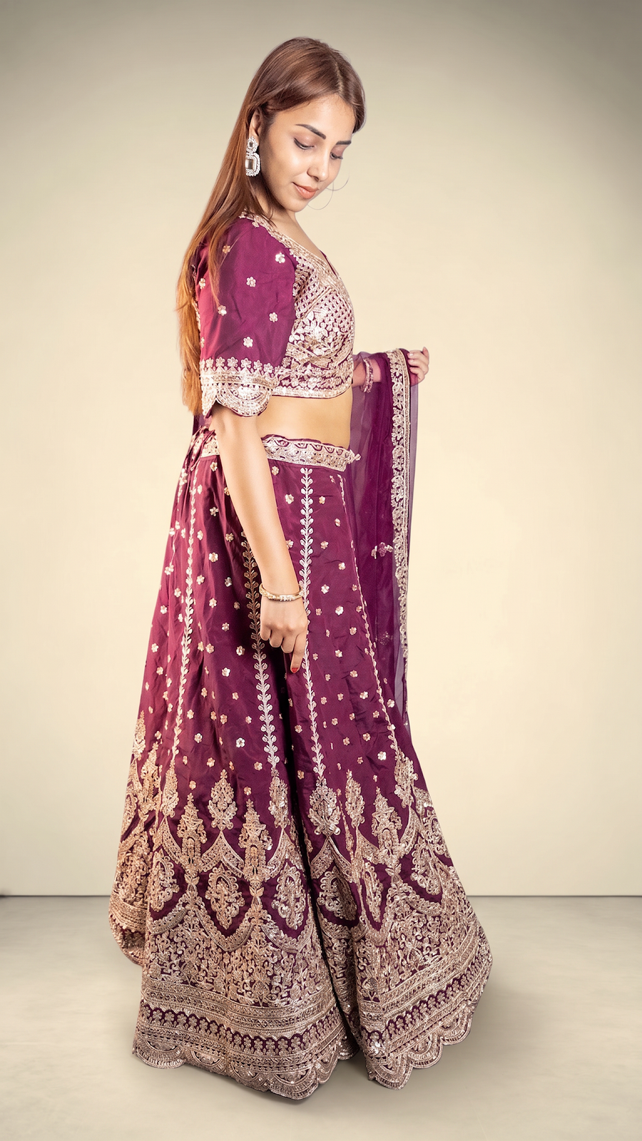 Wine Raw Silk Flared Lehenga With Cutdana Work — back view