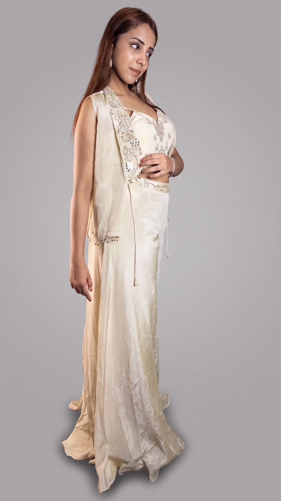 Ivory Crush Tissue Palazzo Set With Embellished Jacket — fabric detail