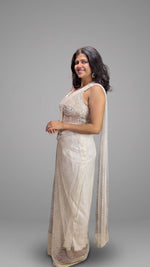 Ivory Sequin Net Pre-Draped Saree With Beaded Blouse — view 3